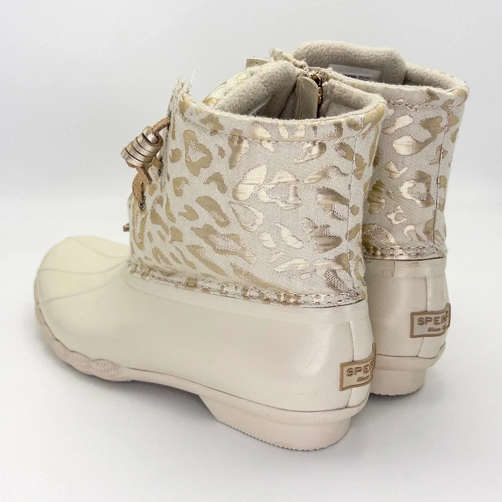 Sperry Saltwater Duck Boots Women's 8.5 Ivory Gold Metallic Leopard STS88315
